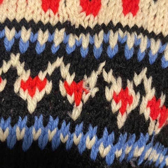 Navy Blue with Red & White Knitted Vintage 1980's Nordic Cardigan Sweater - Picture 3 of 12